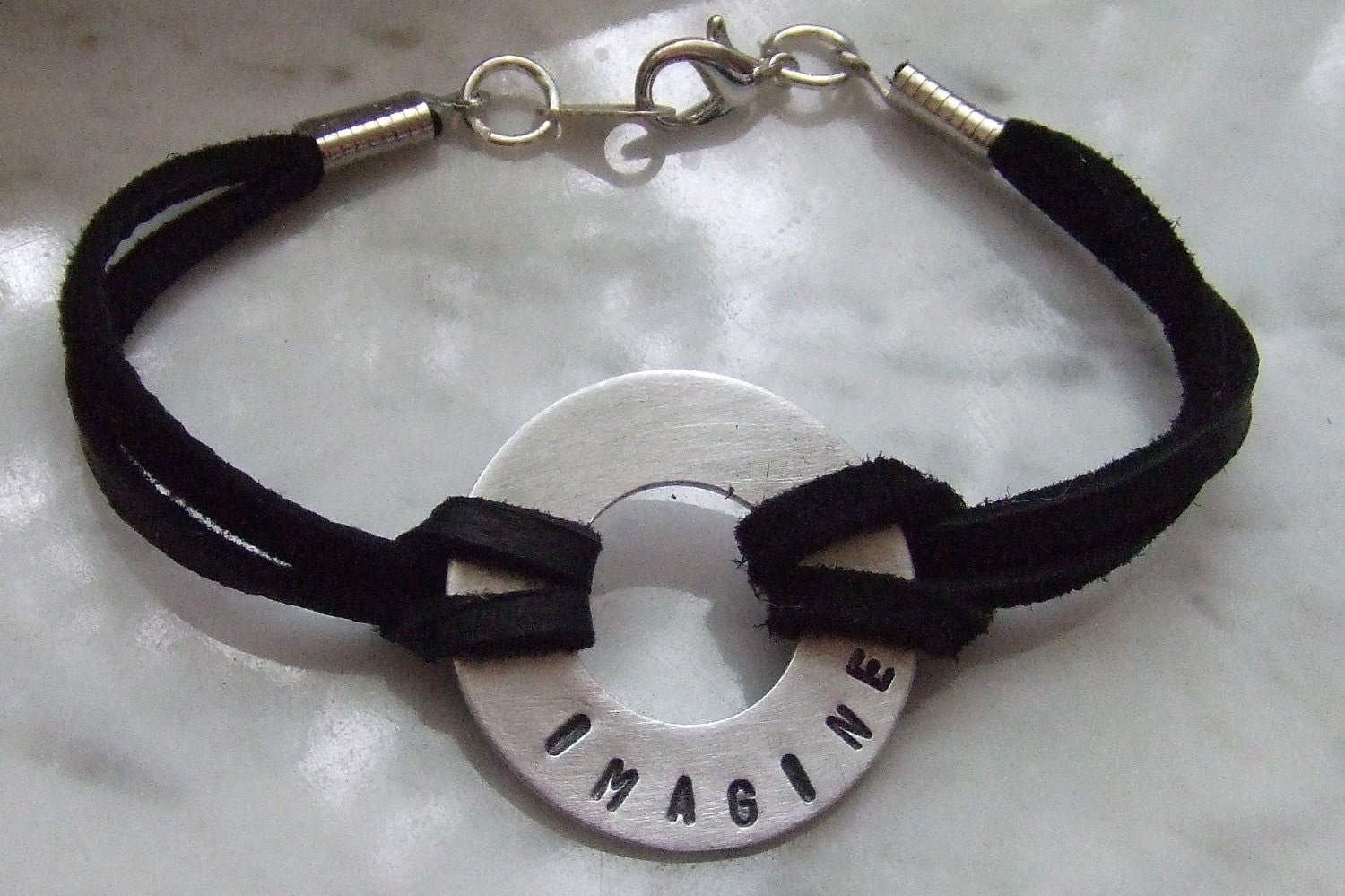 Handstamped Silver and Leather Bracelet- IMAGINE