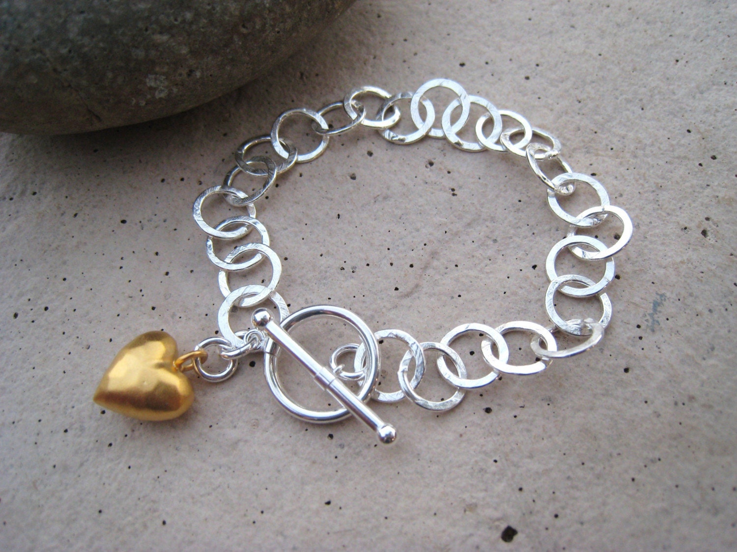 Sterling Silver Brushed Circle Links Bracelets with Hammered Gold Vermeil Heart Charm