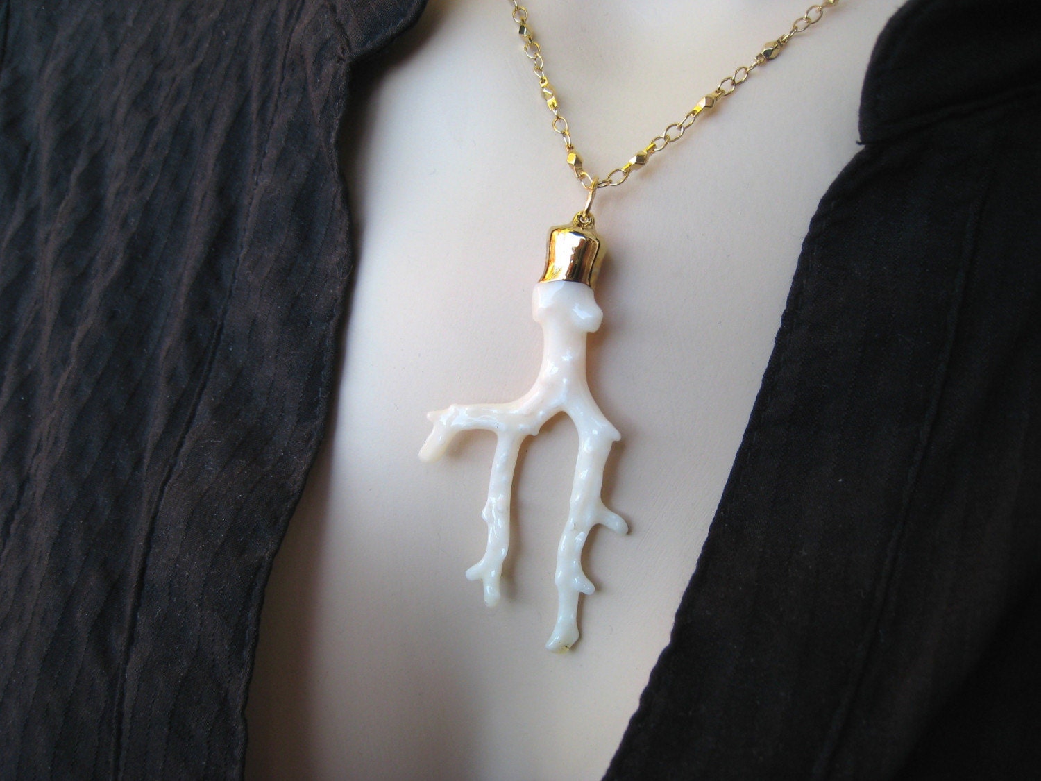 24K Gold Bezeled White Coral Pendant Necklace
