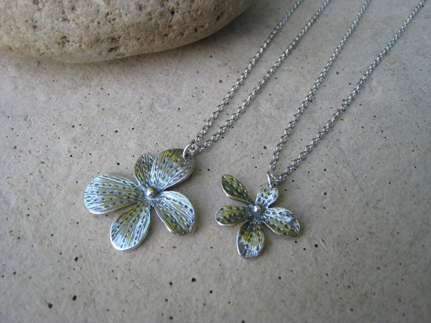 Mother Daughter Necklace on Mother Daughter Necklace Set   Asymmetrical Sterling Silver Flower