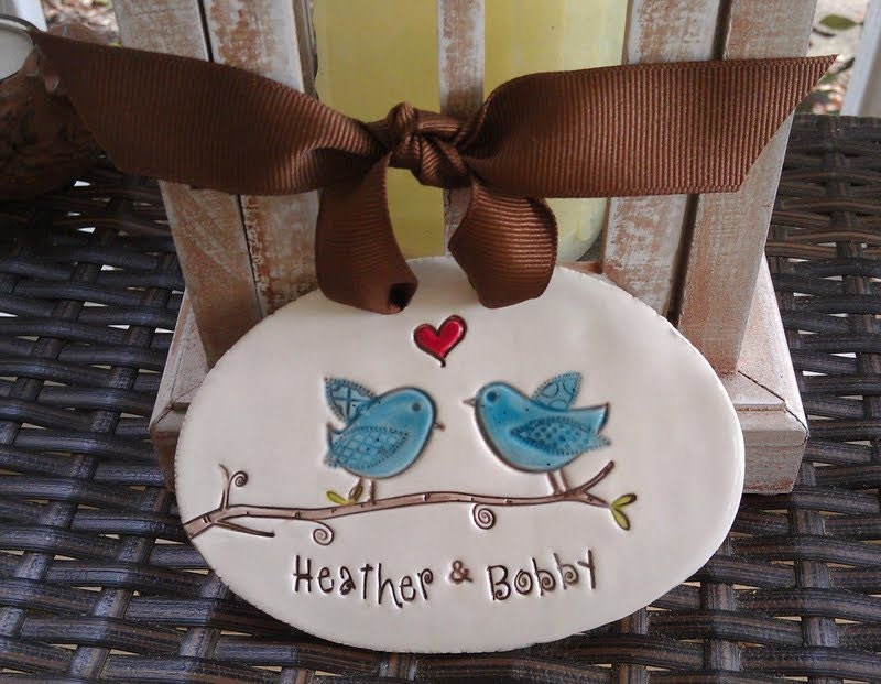 Lovebirds - personalized hanging plaque - wedding - anniversary- Made to order