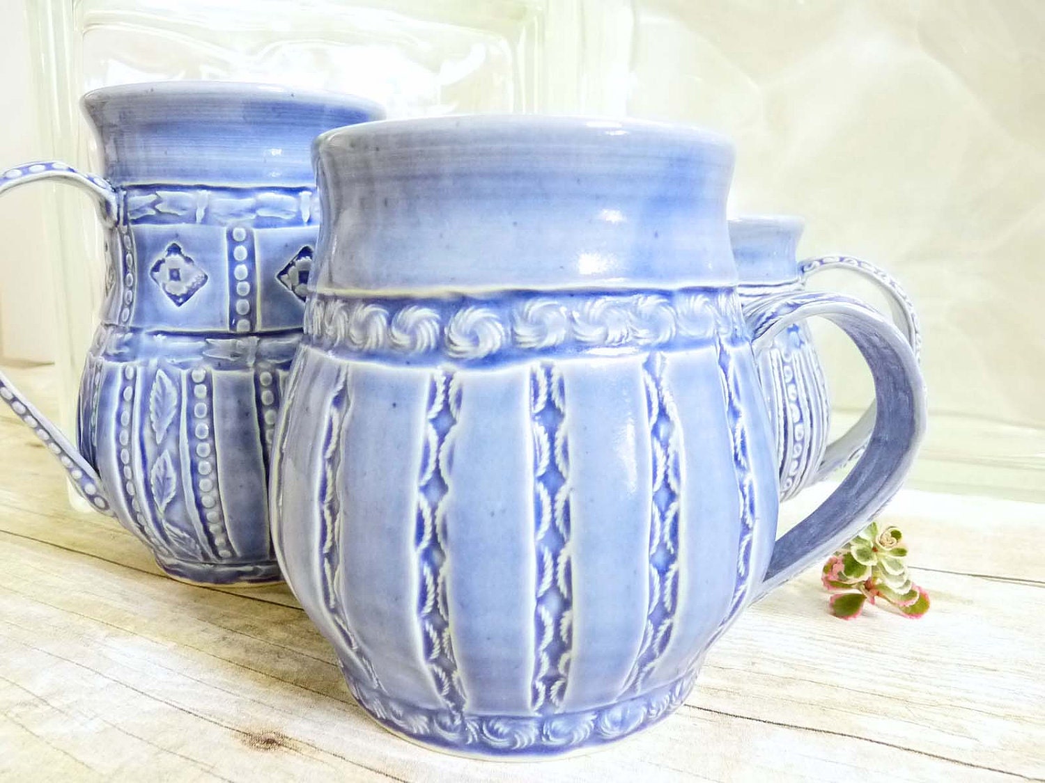 Coffee Cup Mug Stoneware Pottery Blue Big Stripe Design Stamped Quilted Design One-of-a-Kind For Her Large Elegant Cup, Shabby Chic