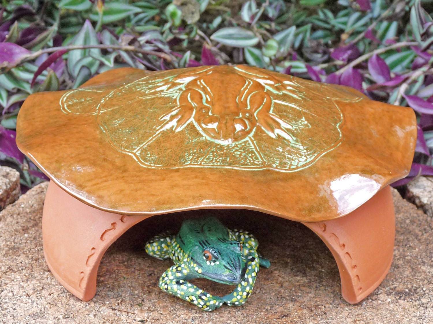 Frog House Toad Abode Green Gardening, Frog On Lily Pad Nature Inspired Pottery Garden Decor for thr Gardener