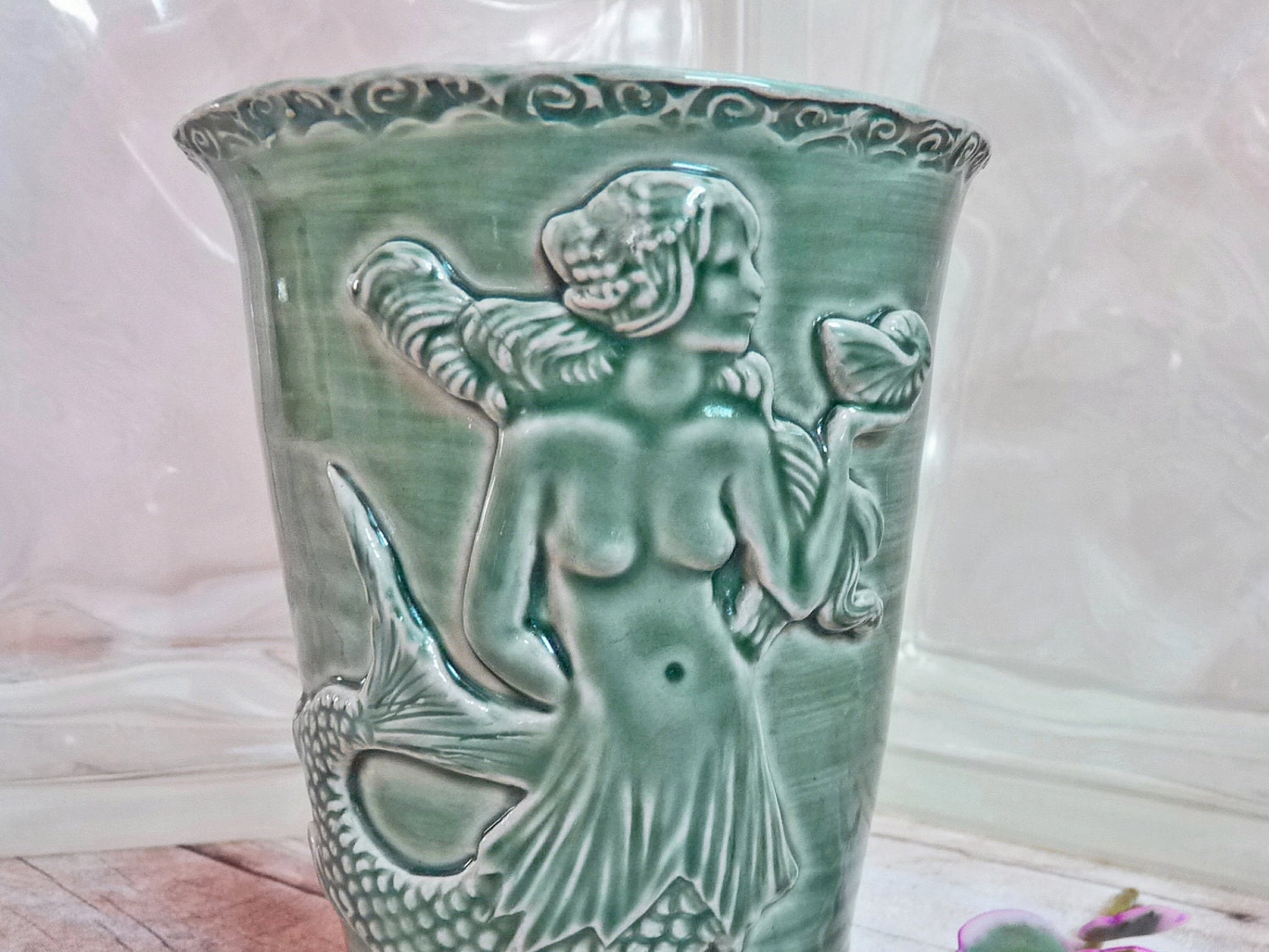 Mermaid Vase or Kitchen Utensil Holder Stoneware Pottery Emerald Green Perfect Decor for the Beach Cottage