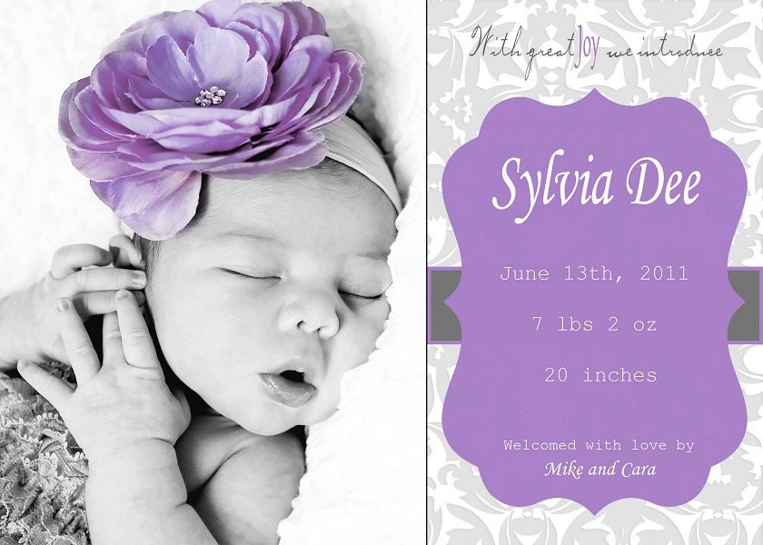Custom Photo Card Announcement, Elegant Purple and Light Grey