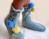 Light Blue and Yellow Woolen Pom-pom Slippers