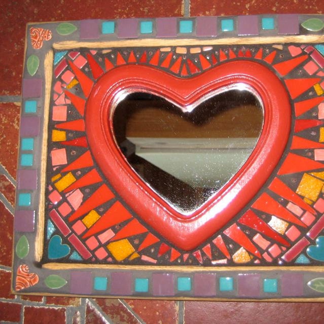 Valentines Mosaic Upcycled Red Heart Shaped Mirror with a Latino Feel