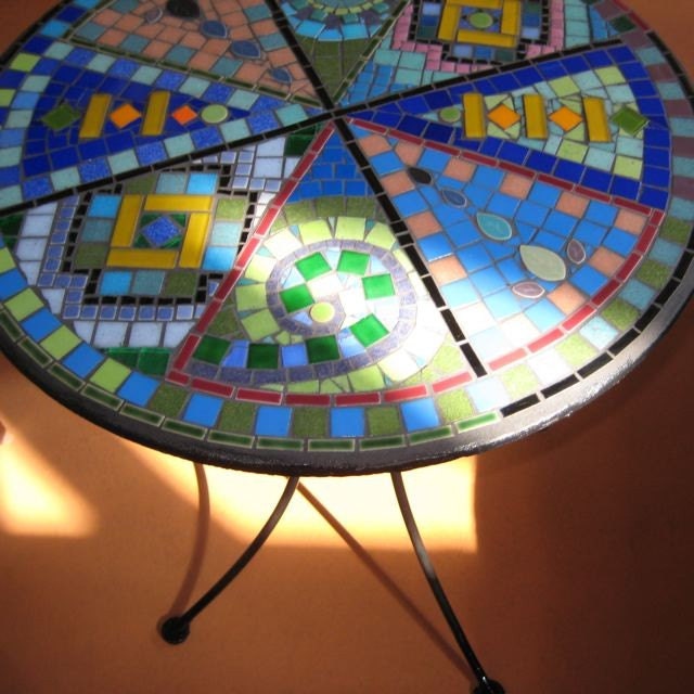 MOSAIC Beautiful Recycle/Upcycled Round End Table with wrought iron base