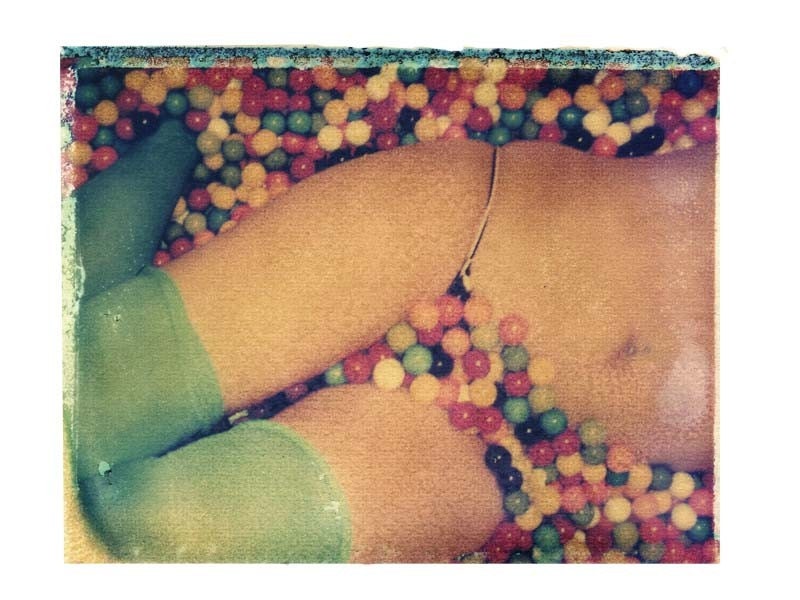 8x10 polaroid transfer of girl with blue tights in gumballs -signed by artist
