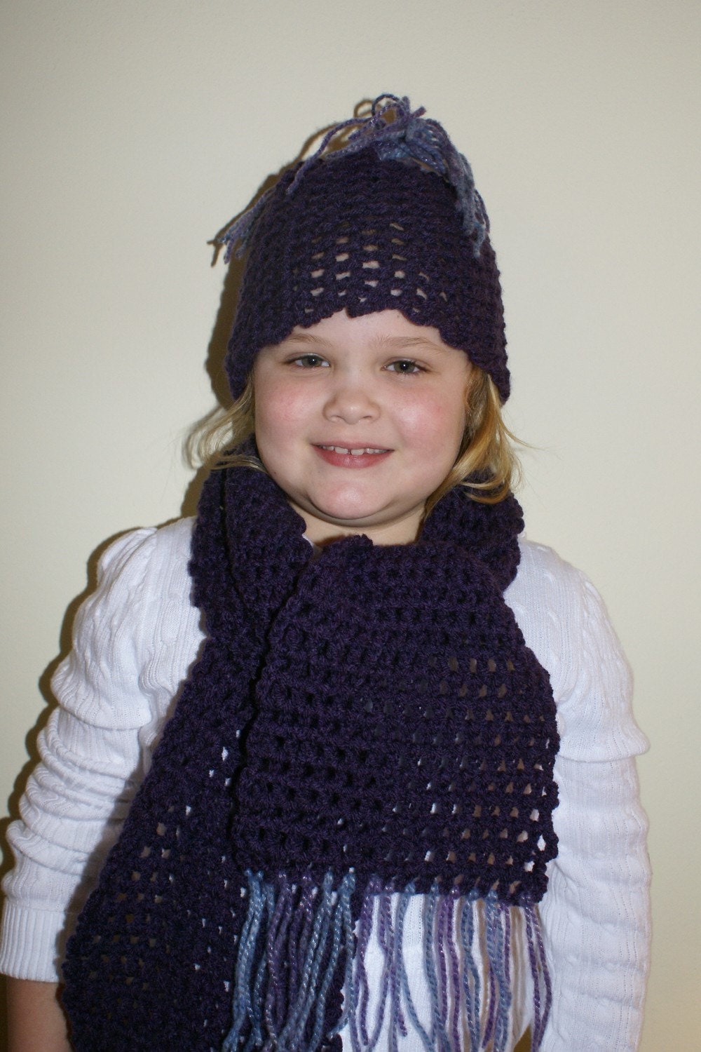 Handmade crocheted Purple Scarf and Hat with fringe