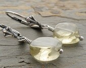 Pastel Yellow Earrings, Lemon Quartz, Coin Shape, Wire Wrapped, Lever Back, Sterling Silver