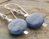 Blue Earrings, Gemstone, Kyanite, Shimmer, Coin Shape, Wire Wrapped, Sterling Silver