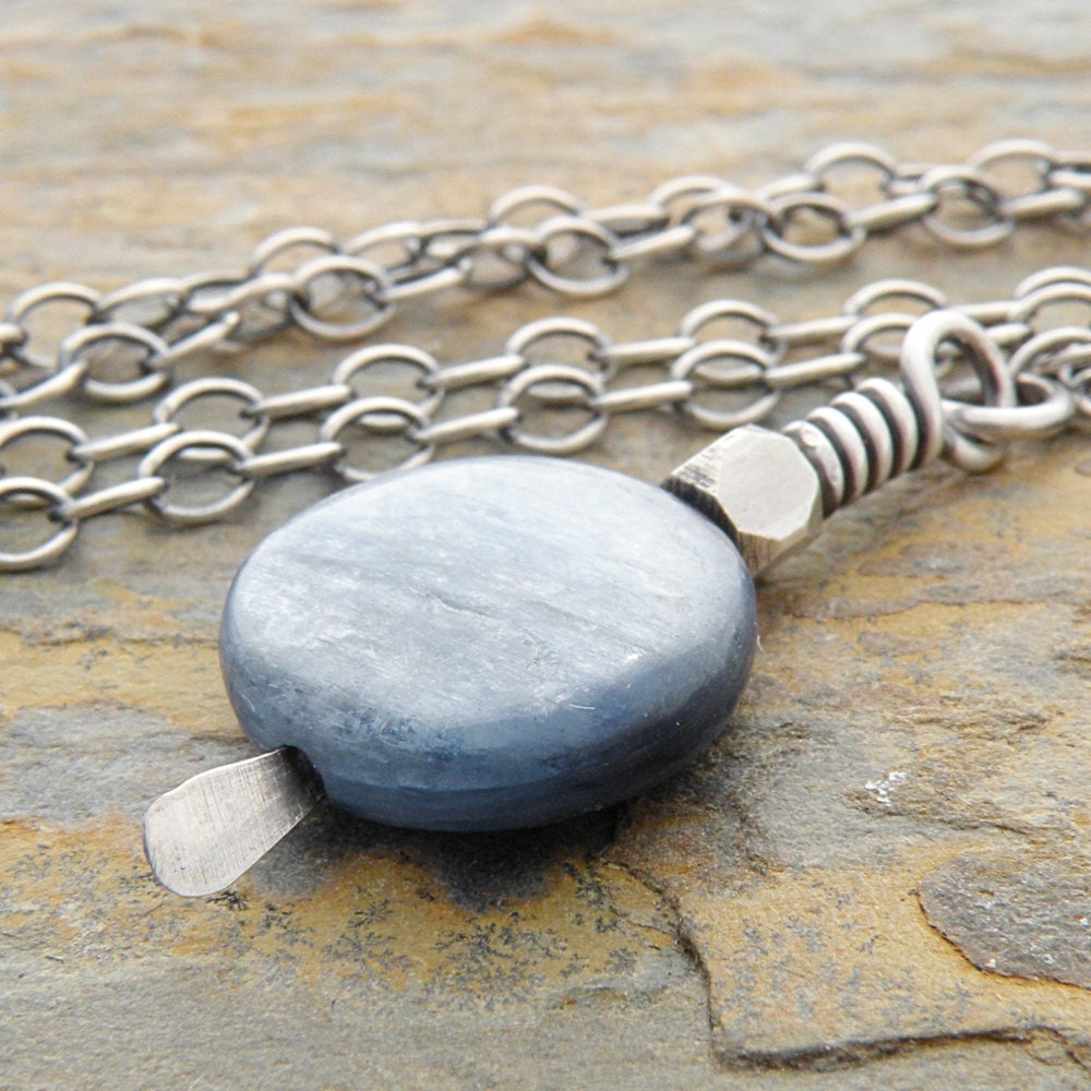 Blue Necklace, Gemstone, Kyanite, Shimmer, Sterling Silver Chain, Hill Tribe Silver, Oxidized