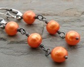 Orange Earrings, Pearls, Dangle, Tangerine, Wire Wrapped, Lever Back, Sterling Silver, Oxidized