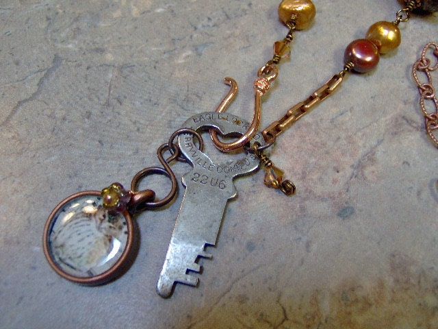 Owl Resin Pendant and Copper Artisan Lampwork Beaded Antique Key Necklace