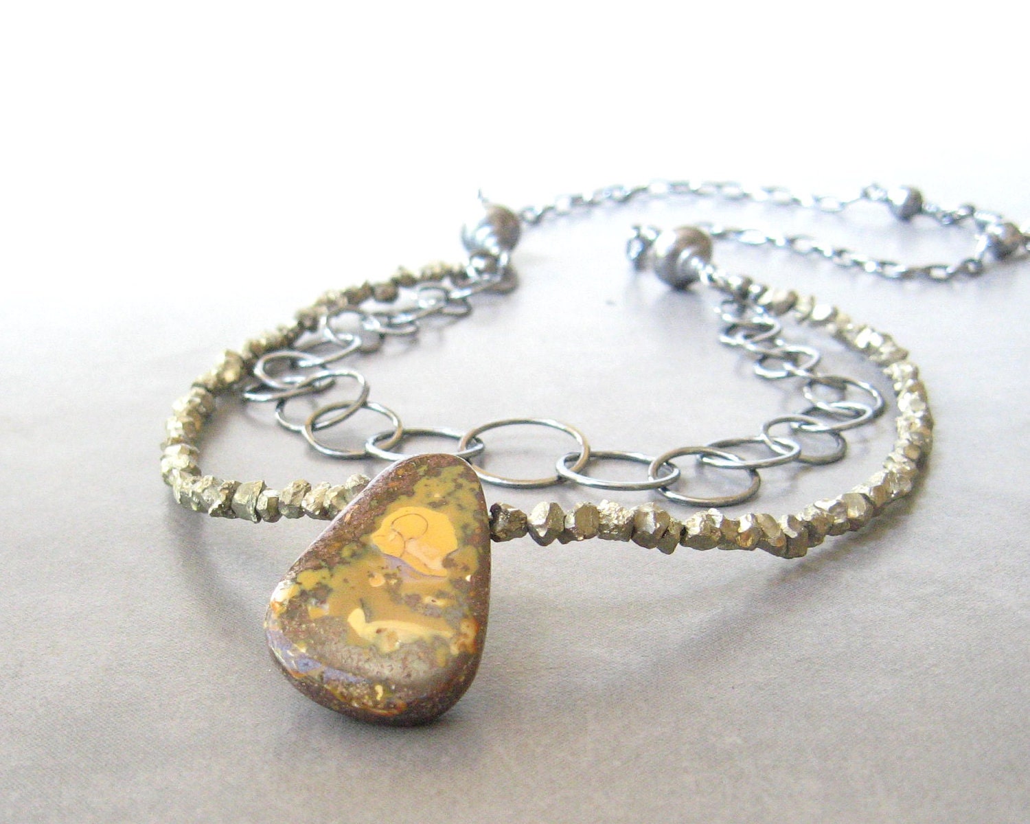 double strand necklace with yellow boulder opal and fine silver links