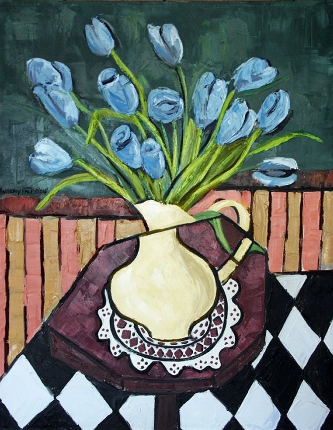 Blue Tulips On Octagon Table Print Cubism Abstract Flowers Anthony Falbo