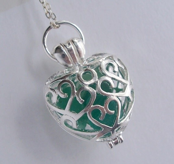 Heart Filigree RARE Turquoise Sea Glass Locket Necklace