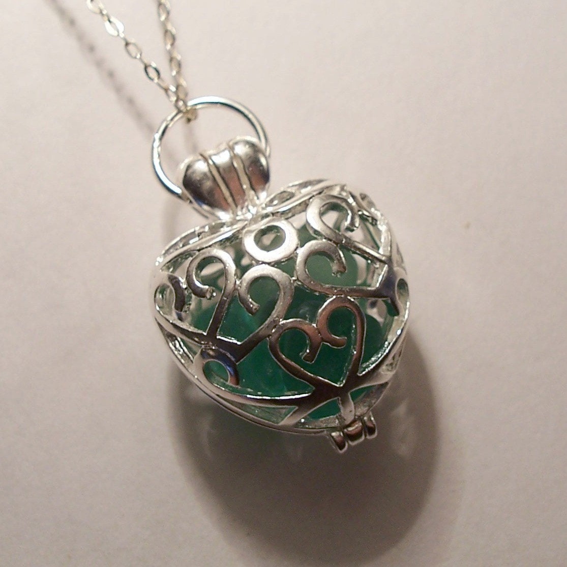 Heart Filigree RARE Turquoise Sea Glass Locket Necklace