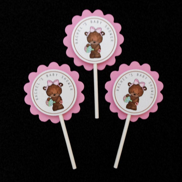 Personalized Baby Shower Cupcake Toppers, baby bear with rattle and pink bow, set of 12
