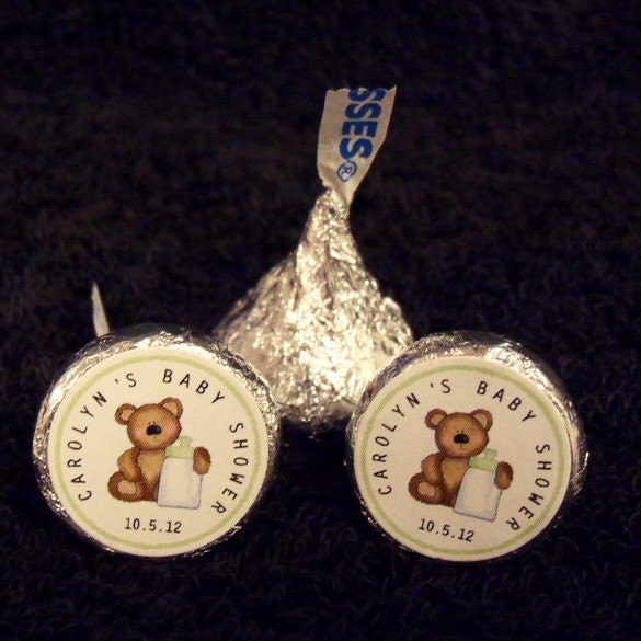 Personalized Baby Shower Hershey Kiss Labels, teddy bear with green border, set of 120