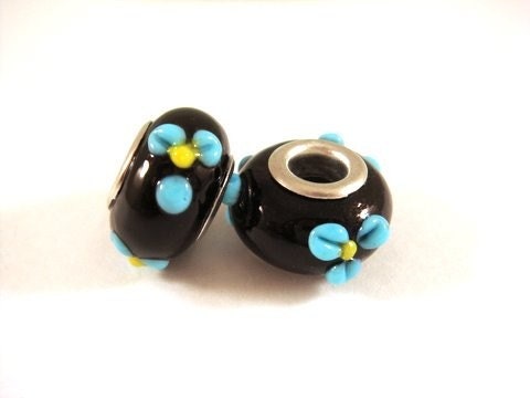 SALE - 2 Lampwork Beads Black Blue Pandora Style Flower Bead 12-14mm, 4-5mm Hole - 2 pc - 4461
