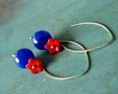 Candy Bubbles  Cobalt blue jade stones an red daisy flowers on  Antiqued Silver plated hooks
