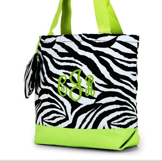 Personalized Zebra Tote Bag Lime Trim Monogrammed Wedding Dance Cheer