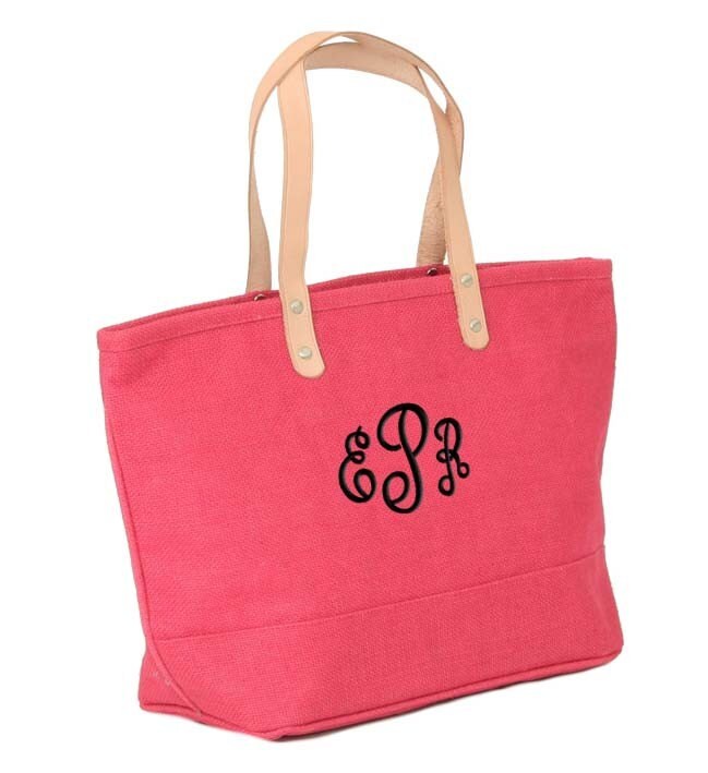 Personalized Tote Bag Fuchsia Jute Burlap Hot Pink Monogrammed Wedding