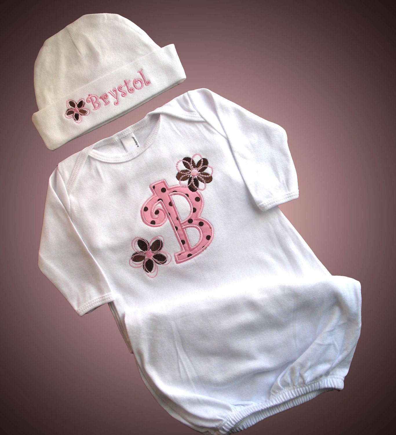 Baby Personalized Gown Hat Set Flowers Polka Dots Monogrammed Custom Sleeper Sack Beanie Cap Newborn