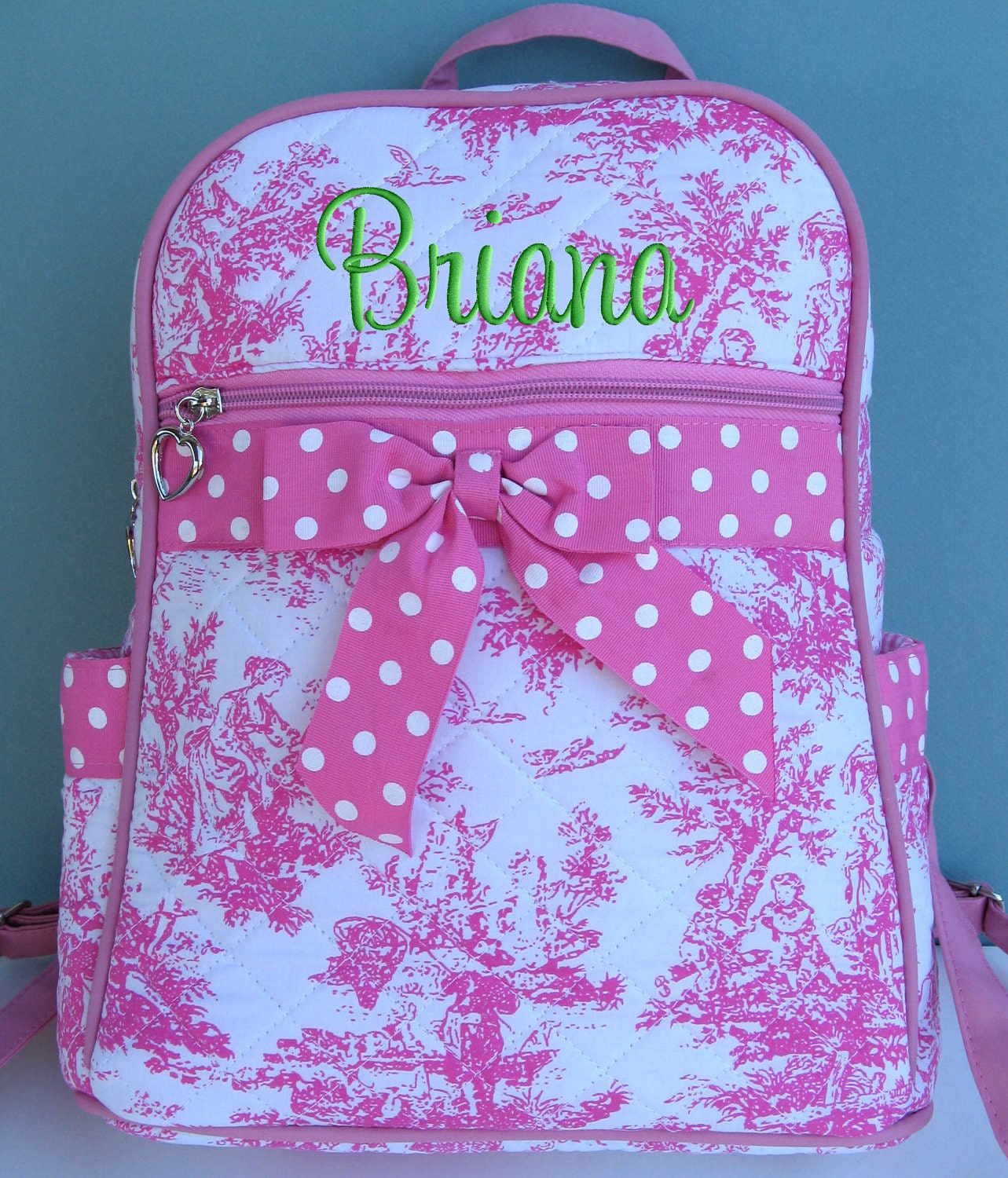 Children Personalized Backpack Pink Toile Polka Dots Quilted Toddler Preschool