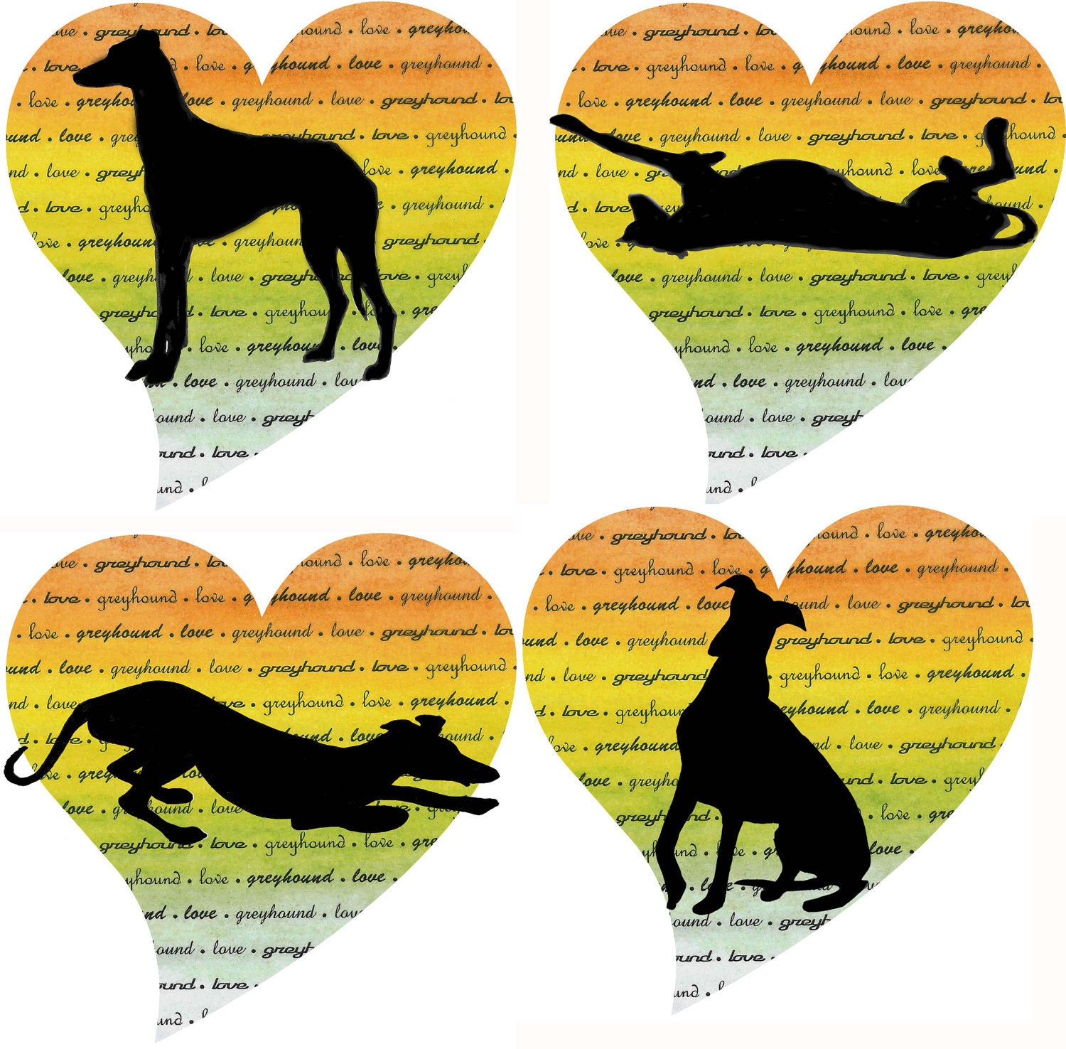 Sue Bero Greyhound Love II Cards -  Set of 4 with envelopes