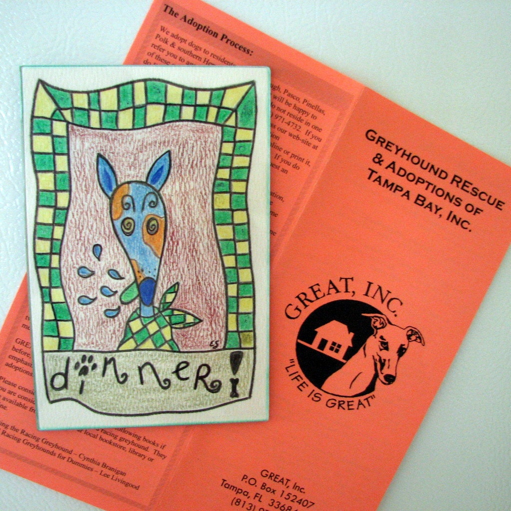 PaniEva's greyhound magnet original drawing whimsical greyhound blue green silly old greyhound