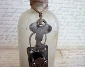 Antique Vintage Apothecary Bottle With Old Key & Compass