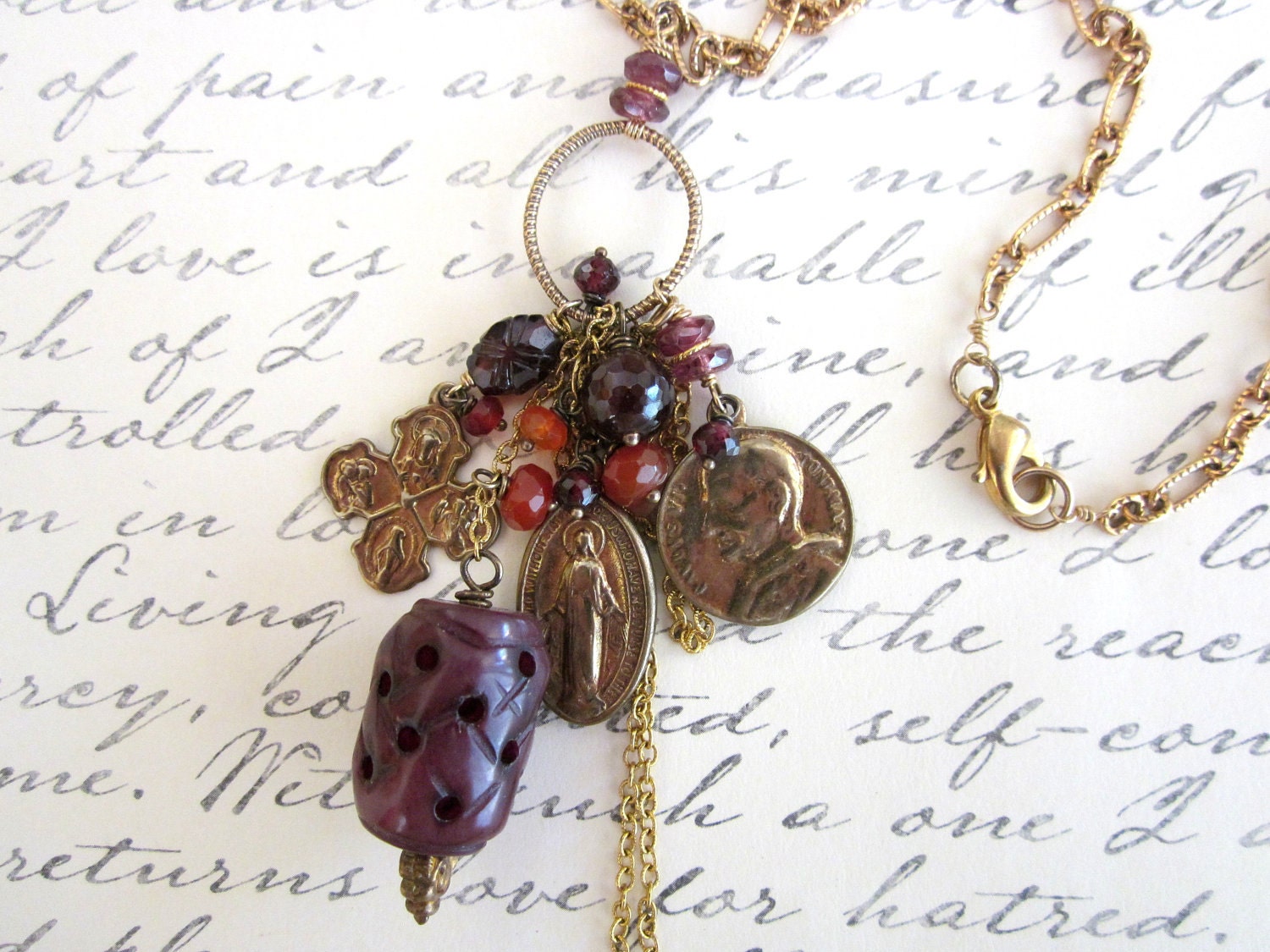Charm Necklace, Gold, Gemstones & Vintage Religious Medals