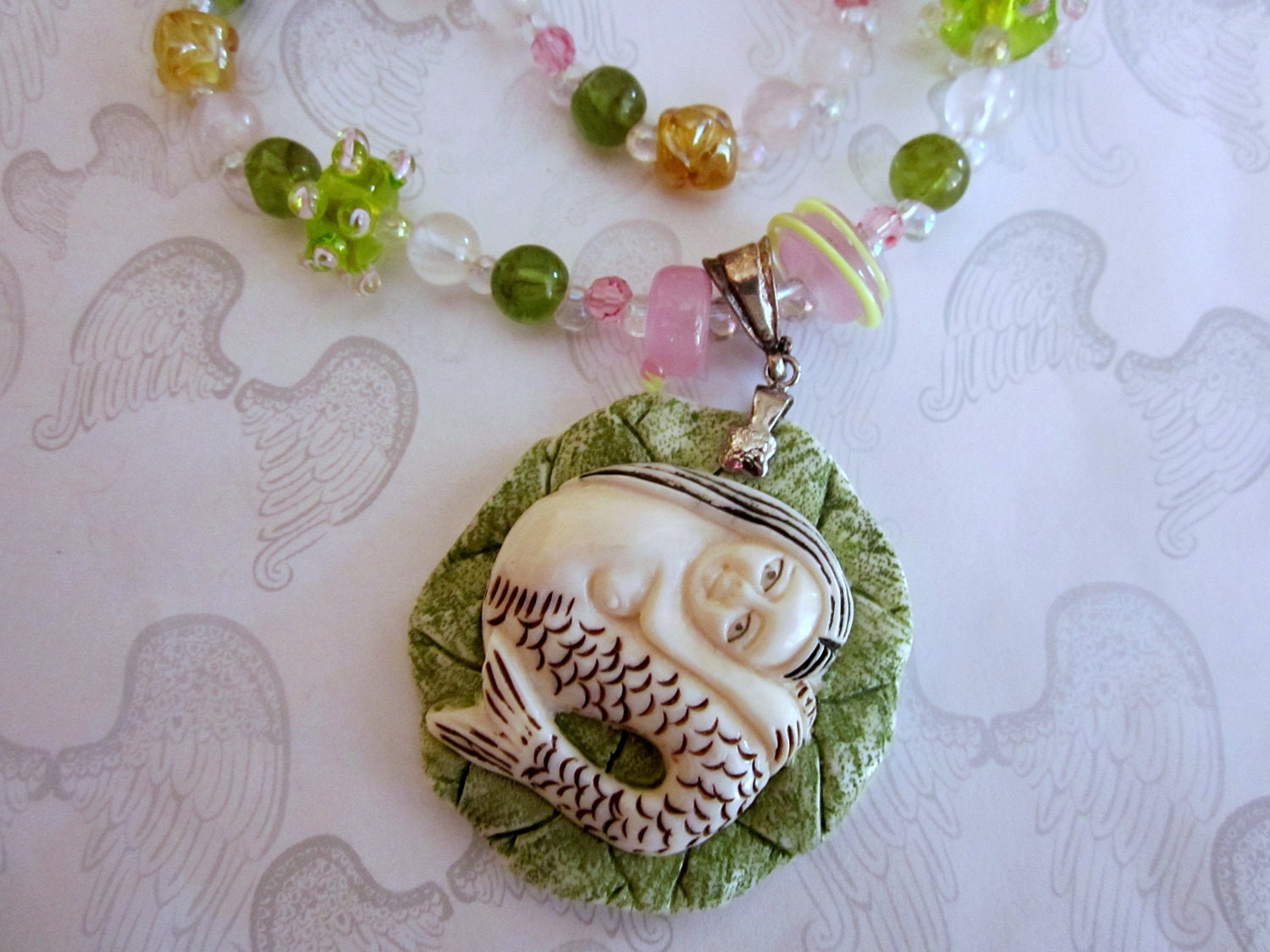 Bone Mermaid Pendant Necklace, Lampwork, Rose Quartz Sale