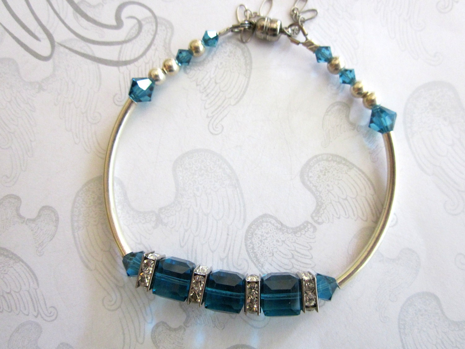 Sterling Tube Bracelet with Deep Aqua Crystal, Sale