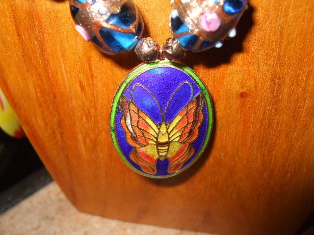 HANDCRAFTED Lime Green and Electric Blue Cloisonne Butterfly Necklace (LAYAWAY AVAILABLE)