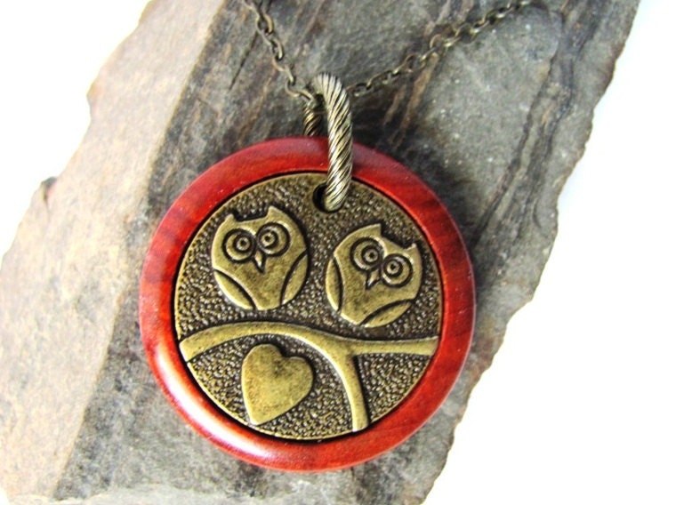 Owl Necklace Redheart Wood Brass Owls Charm Eco Friendly Wooden Pendant Jewelry by Hendywood
