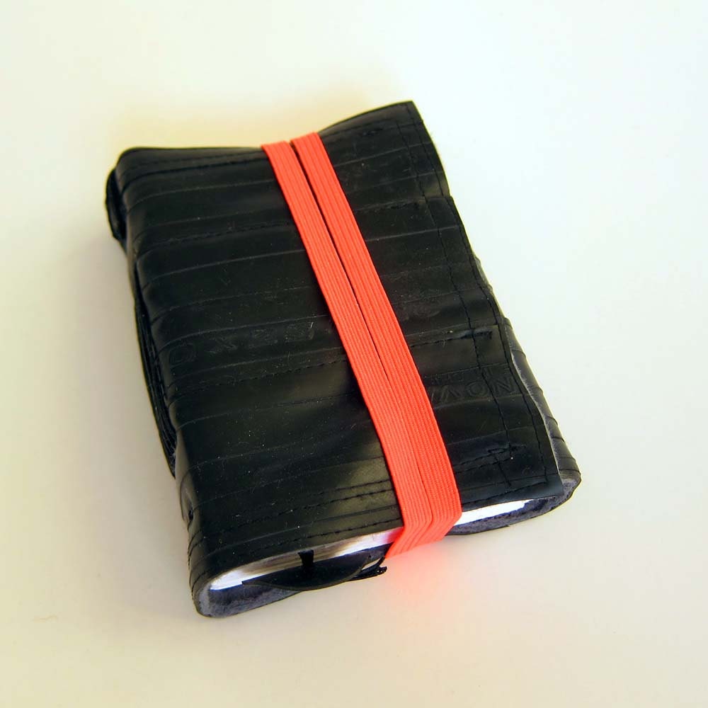 Recycled journal, bike inner tube, blank pages, grey linen and neon orange elastic closure, small.