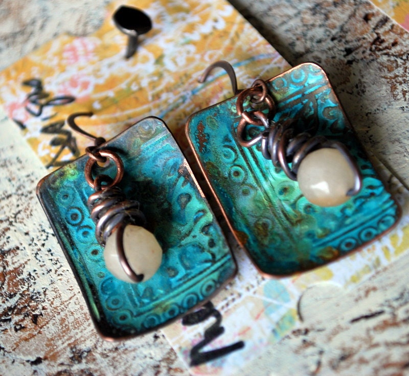 Athena Patina Earrings in Copper with Quartz Drops