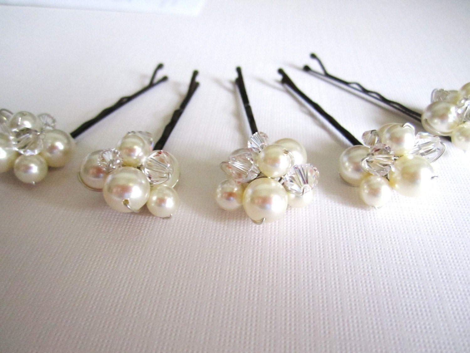 Swarovski Pearl and Crystal Bobbies Set of 5 Pins in White or Ivory