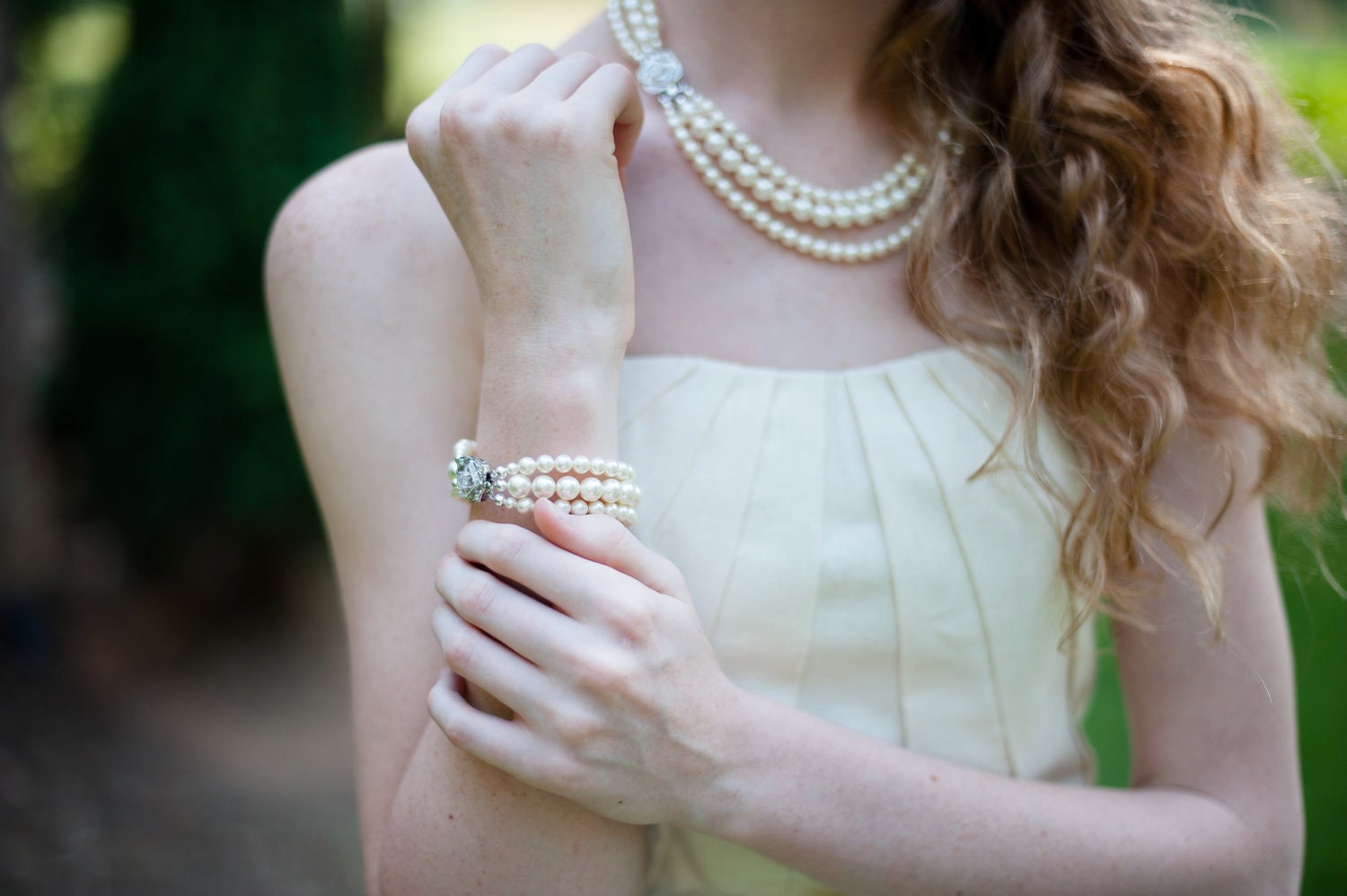 Triple Strand Swarovski Pearl Necklace and Bracelet Bridal Set