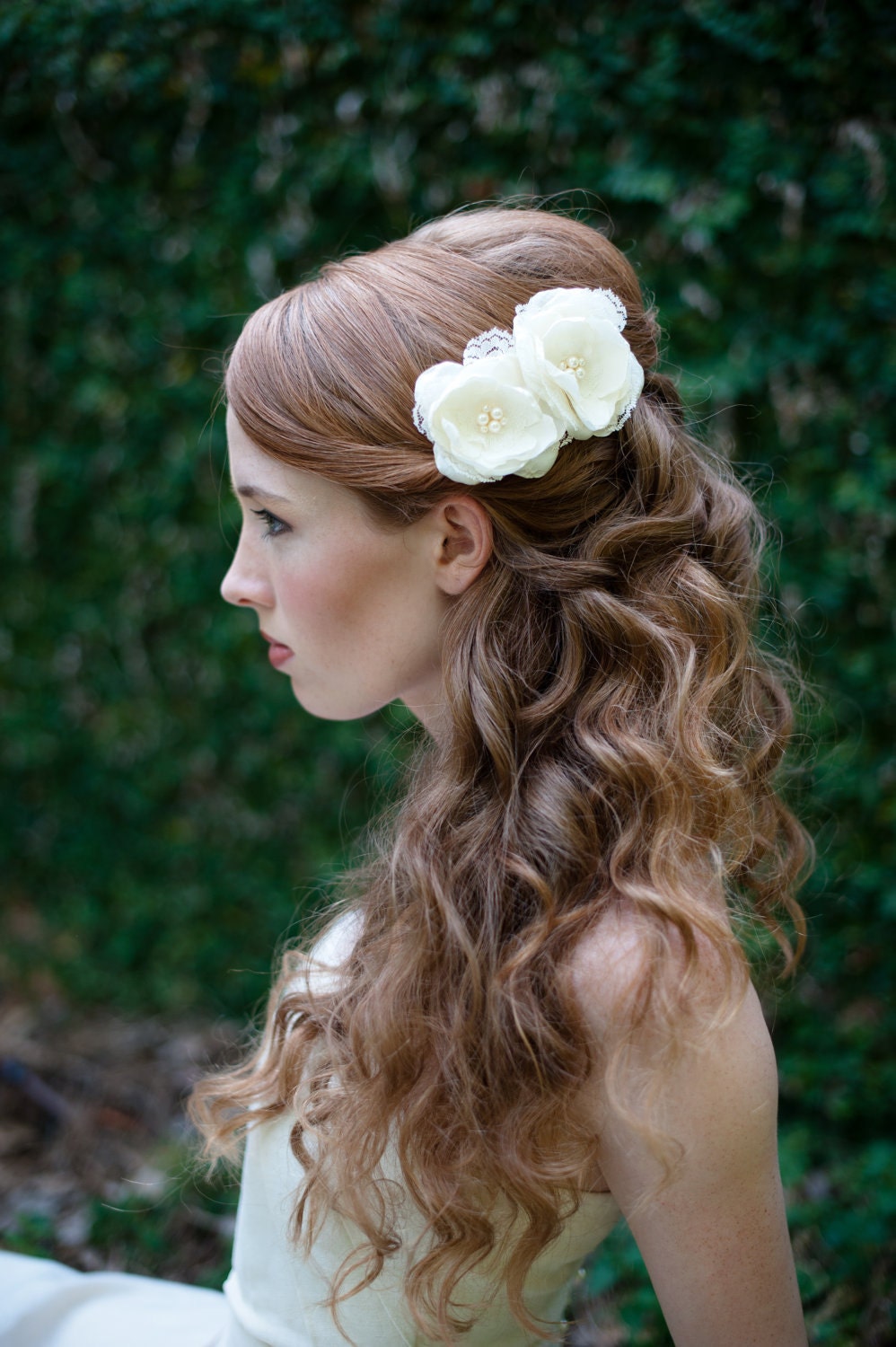 Silk and Lace and Pearl Mini Flower Fascinators Set of 2 in White or Ivory