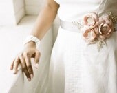 NEW Handmade Floral Bridal Sash in Blush Pink Dupioni Silk and Grey Satin with Rhinestone Beaded Leaves - FineNFleurie