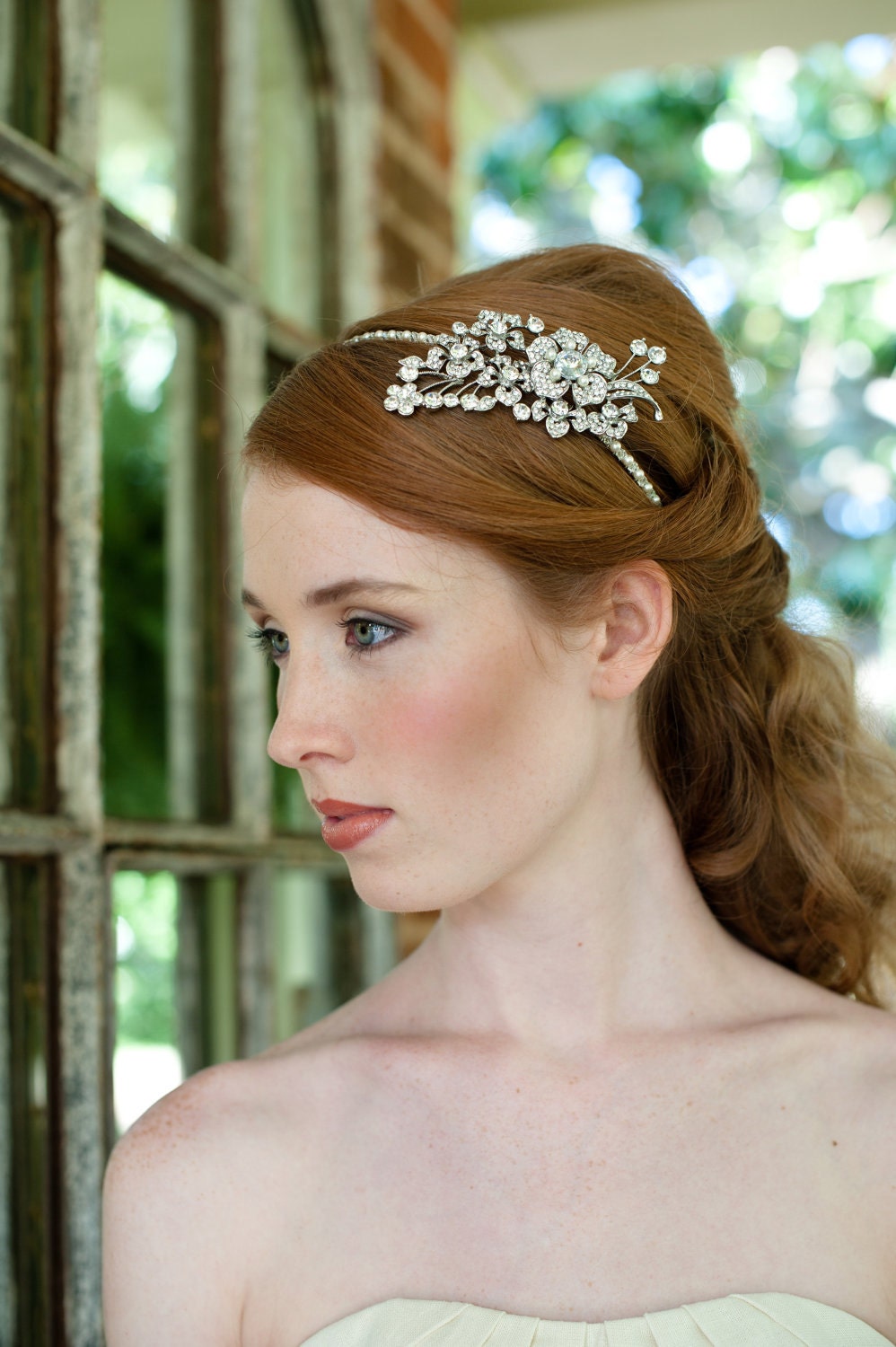 Dramatic Bridal Headband with Swarovski Rhinestone, Crystal and Pearl Ivory or White