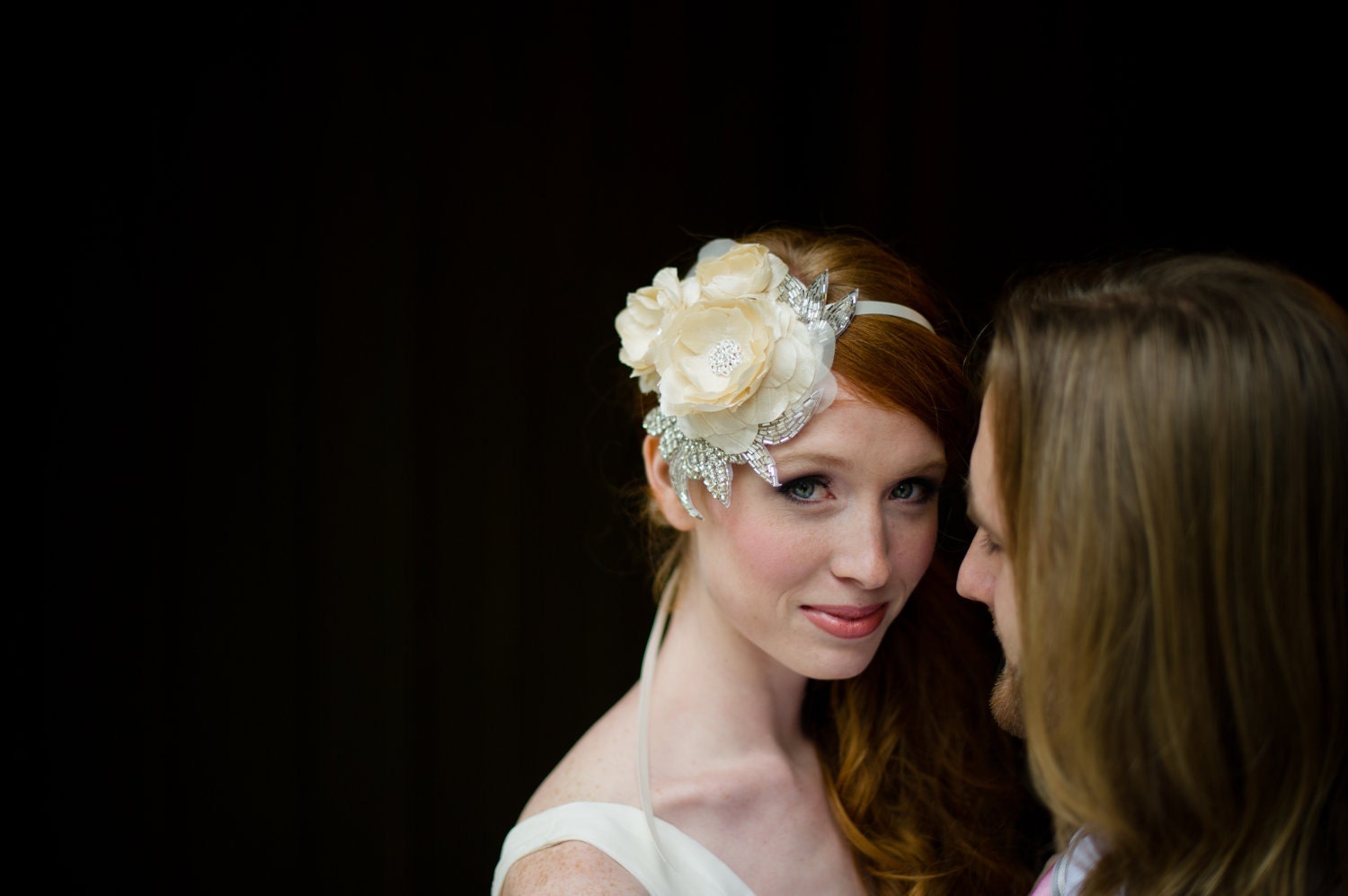 Handmade Bridal Mini Hat with Three Dupioni Silk Flowers and Rhinestone Details