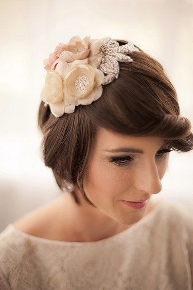 Blush and Ivory Dupioni Silk Mini Hat with Sparkle Handmade Floral Bridal Accessory
