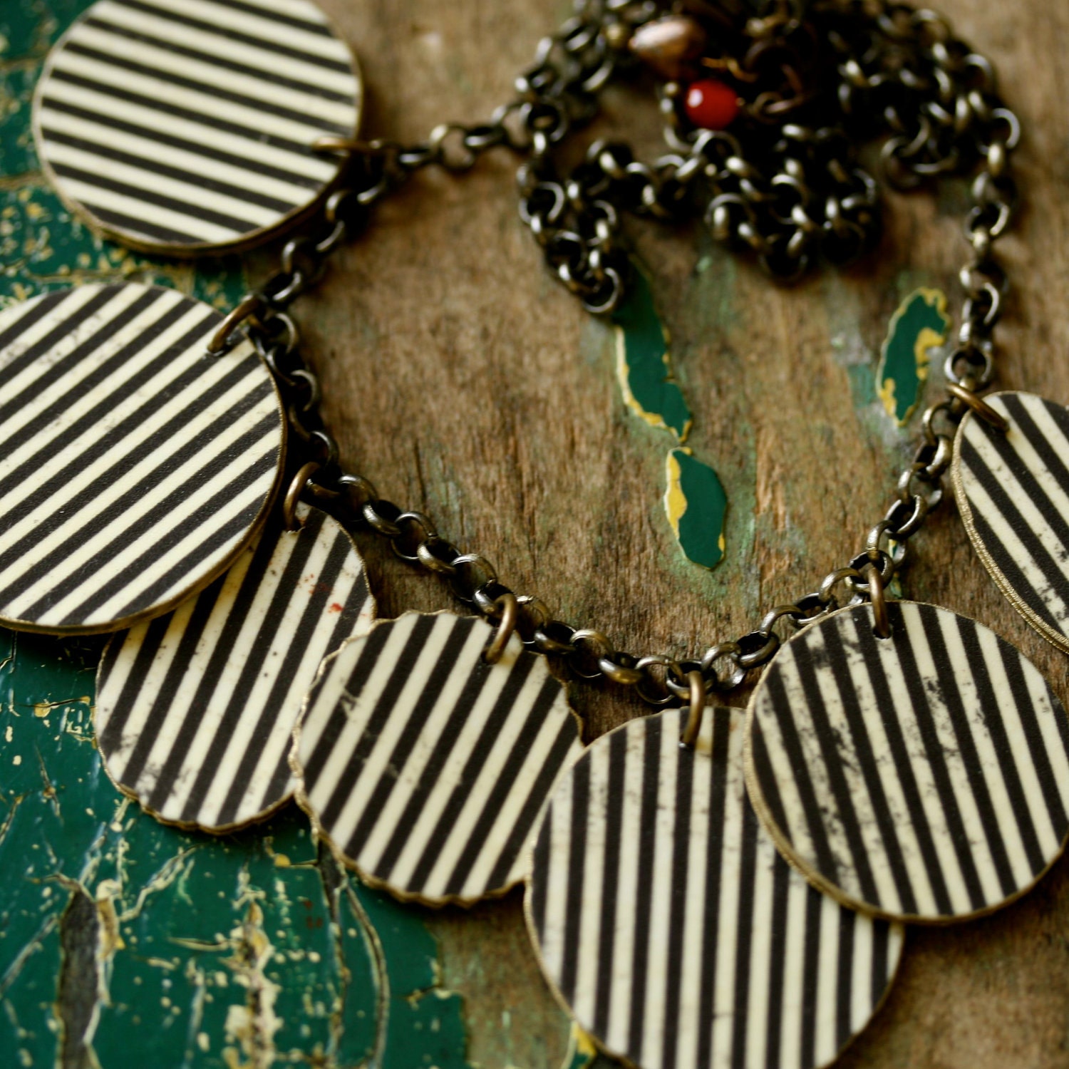 Cranberry Red and Olive Green Shrink Plastic Medallion Charm Necklace