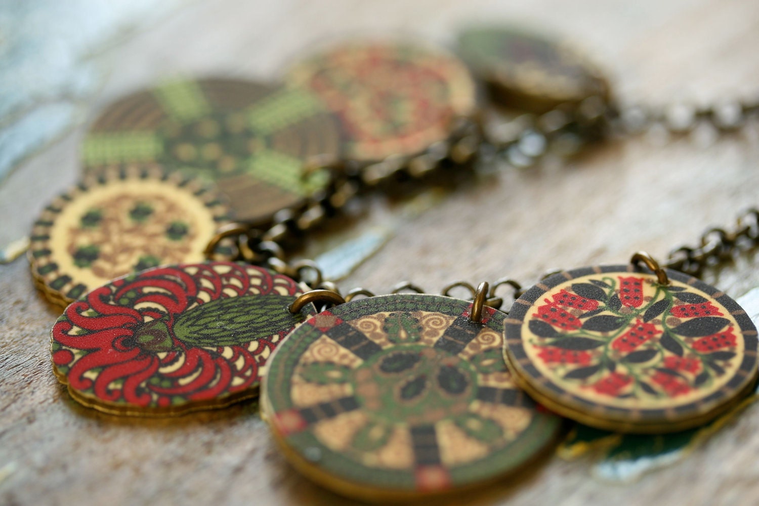 Cranberry Red and Olive Green Shrink Plastic Medallion Charm Necklace